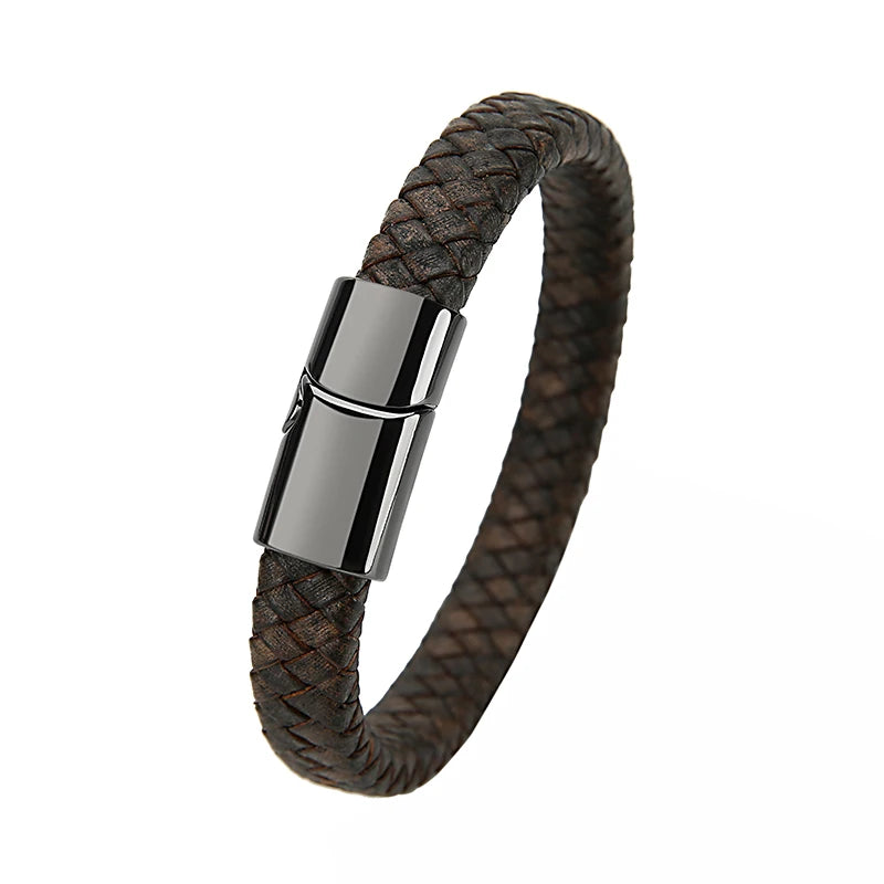 Geflochtenes Echtlder- Armband für Herren mit Edelstahlverschluss