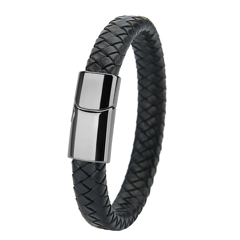 Geflochtenes Echtlder- Armband für Herren mit Edelstahlverschluss